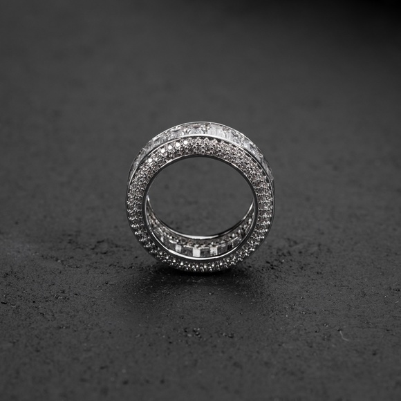 Men's White Gold Plated Iced Cz Baguette Hip Hop Elegant Statement Pinky Ring - Picture 4 of 5